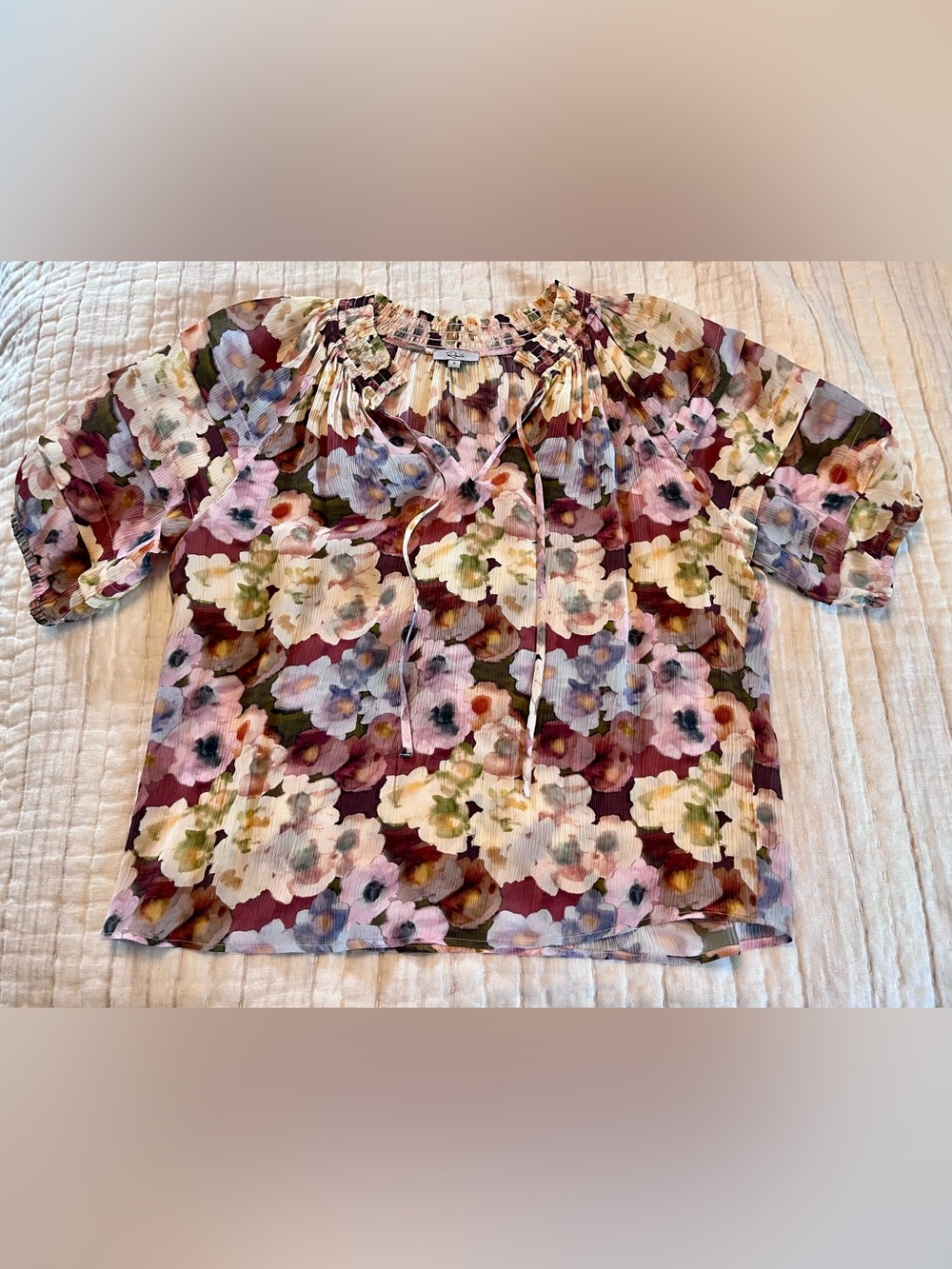 Rails Floral Tie-Neck Blouse - Pink, Burgundy, Green